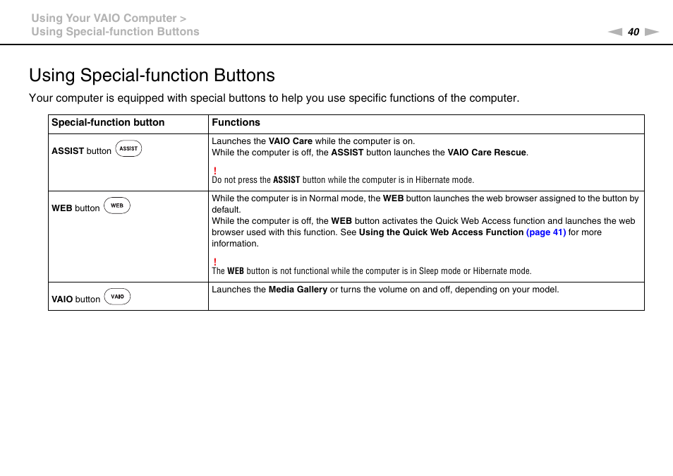 Using special-function buttons | Sony VPCEB4LFX User Manual | Page 40 / 172