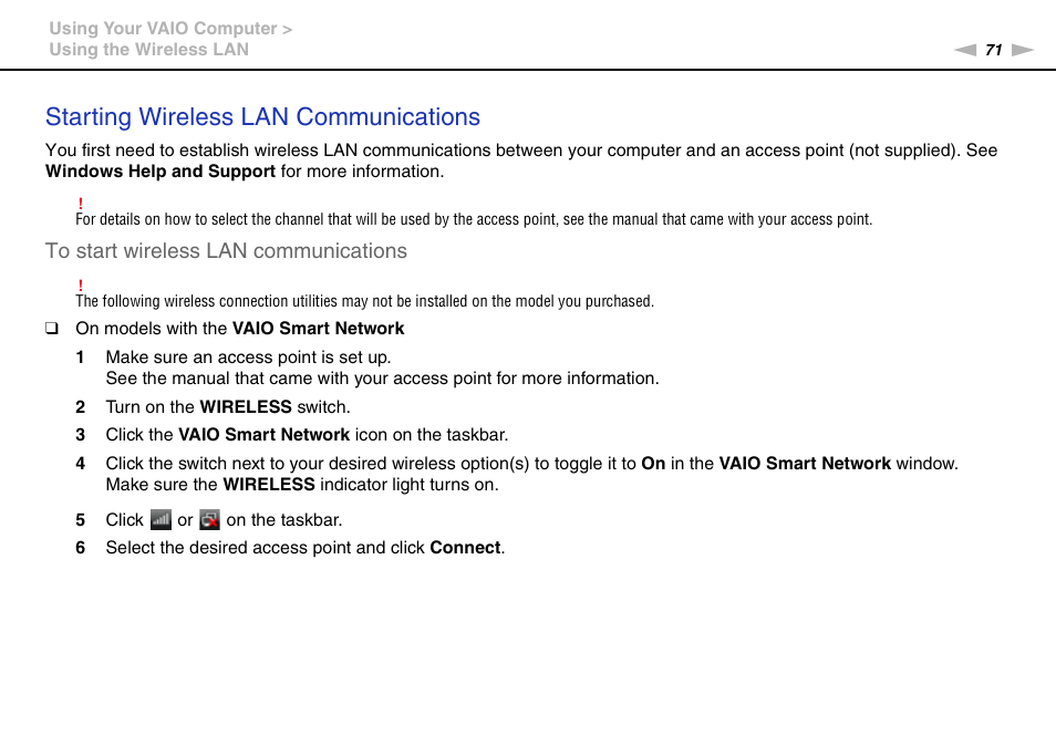 Starting wireless lan communications | Sony VPCEB4LFX User Manual | Page 71 / 172