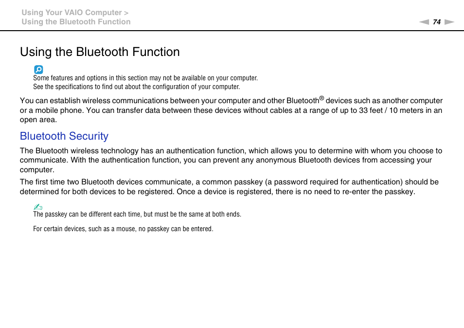 Using the bluetooth function, Tion, Bluetooth security | Sony VPCEB4LFX User Manual | Page 74 / 172