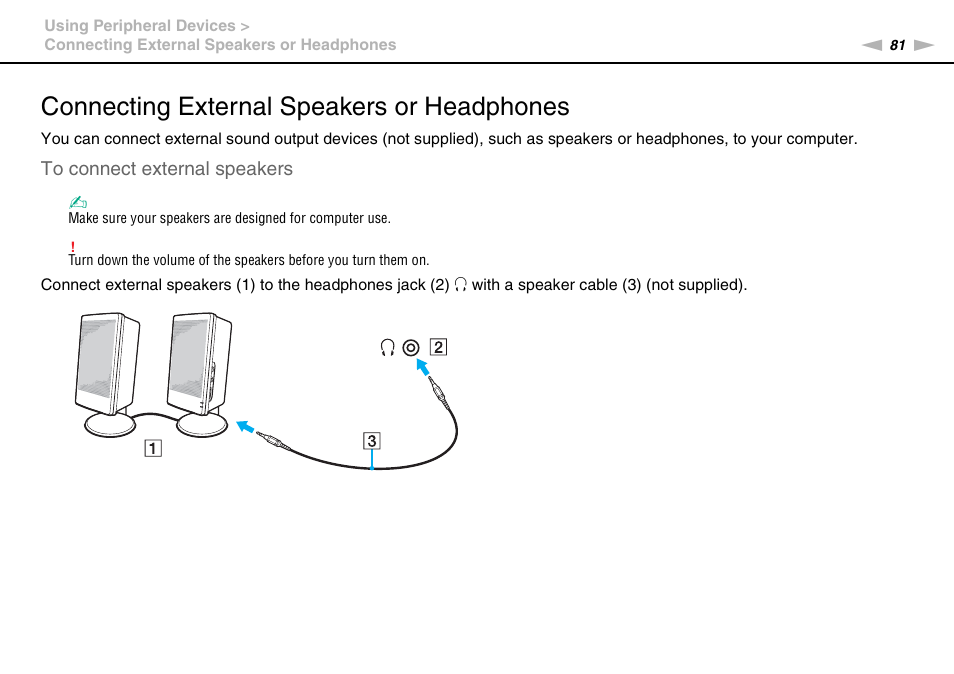 Connecting external speakers or headphones | Sony VPCEB4LFX User Manual | Page 81 / 172