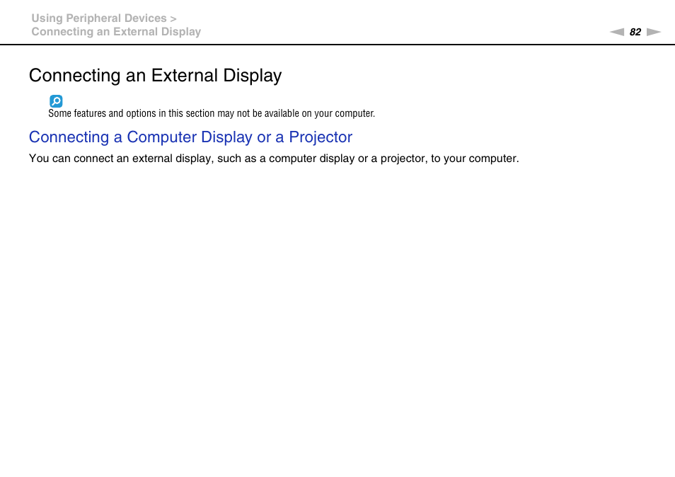 Connecting an external display, Connecting a computer display or a projector | Sony VPCEB4LFX User Manual | Page 82 / 172