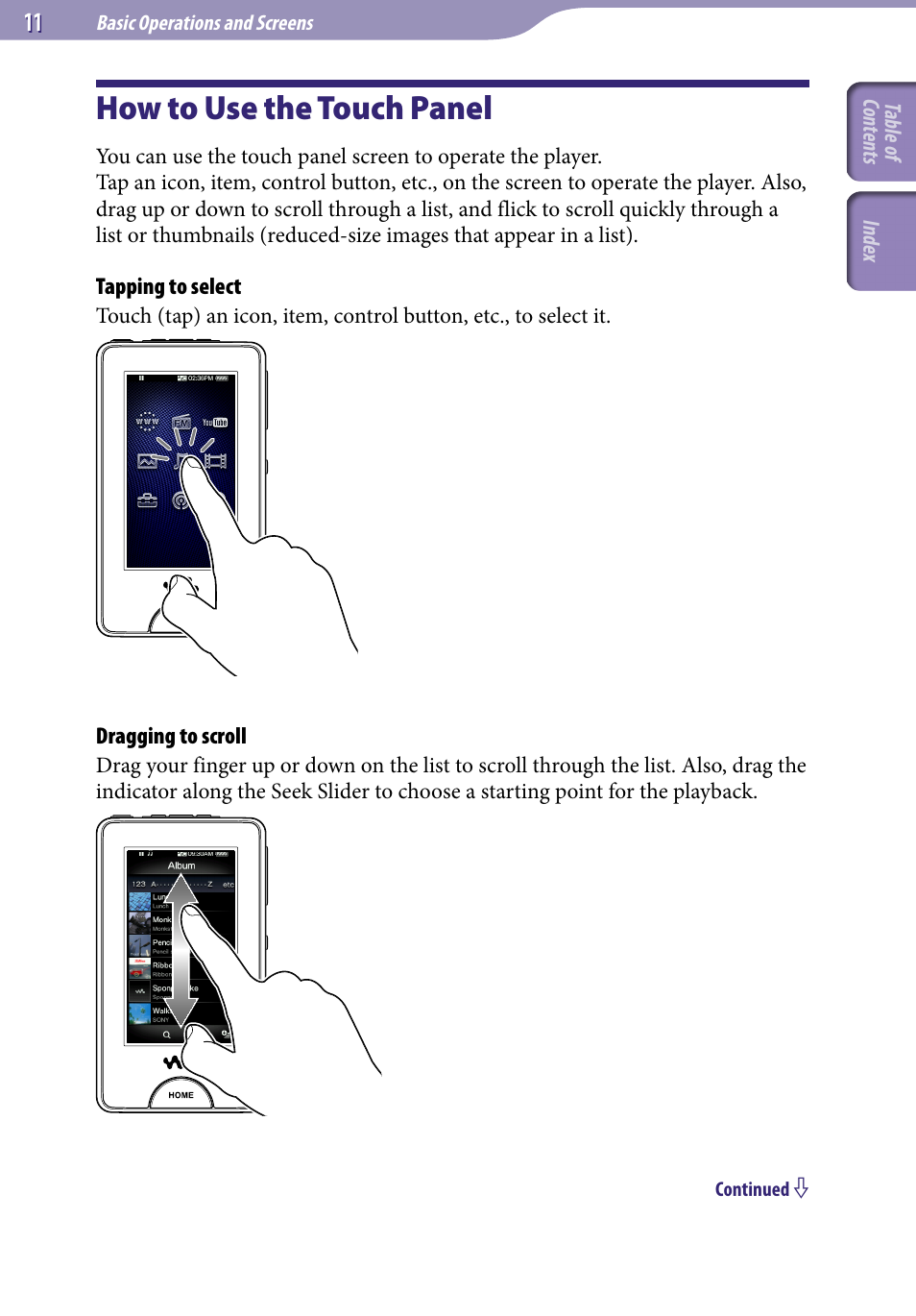 How to use the touch panel | Sony NWZ-X1051F User Manual | Page 11 / 182
