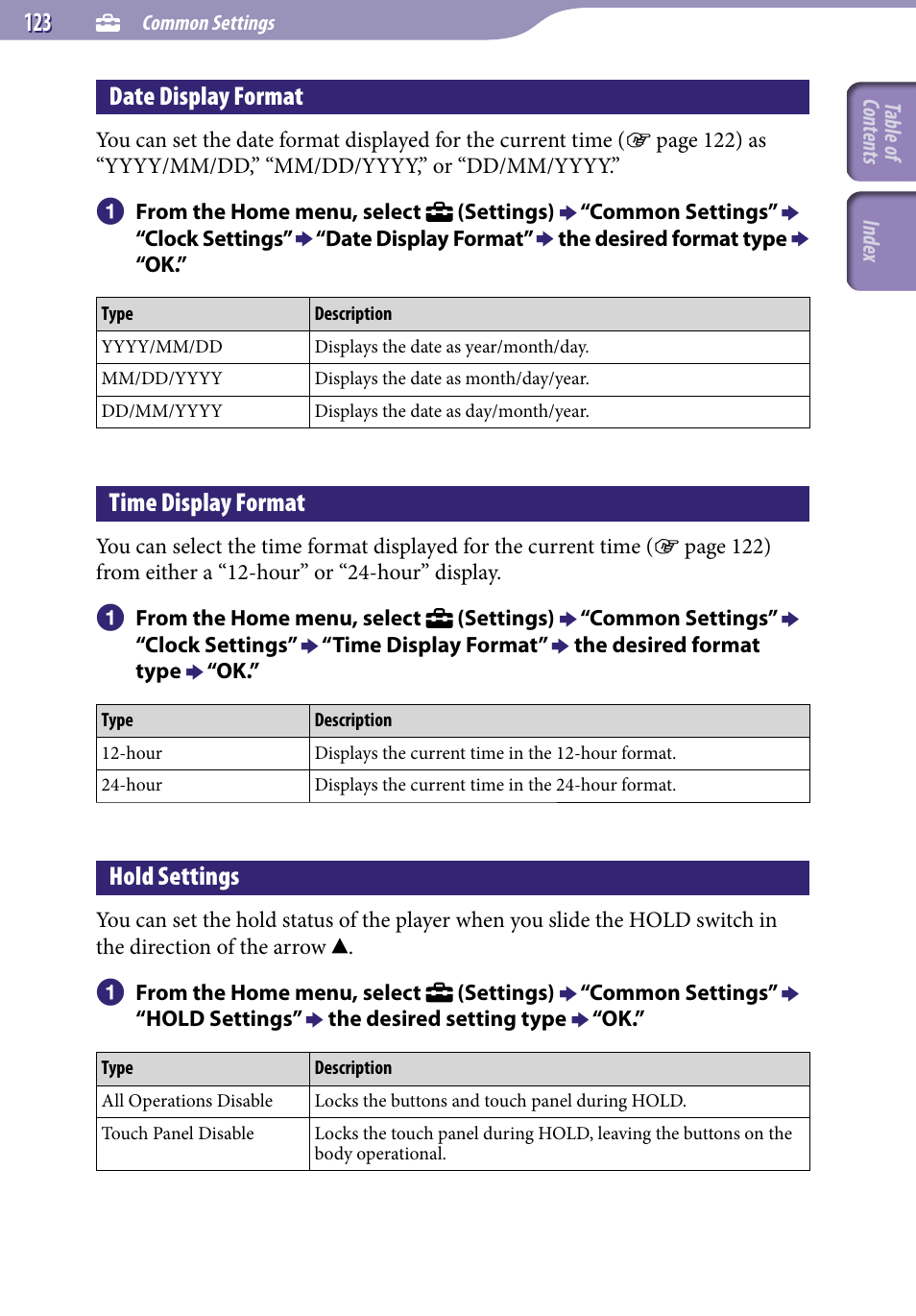 Date display format, Time display format, Hold settings | 1 date display format | Sony NWZ-X1051F User Manual | Page 123 / 182