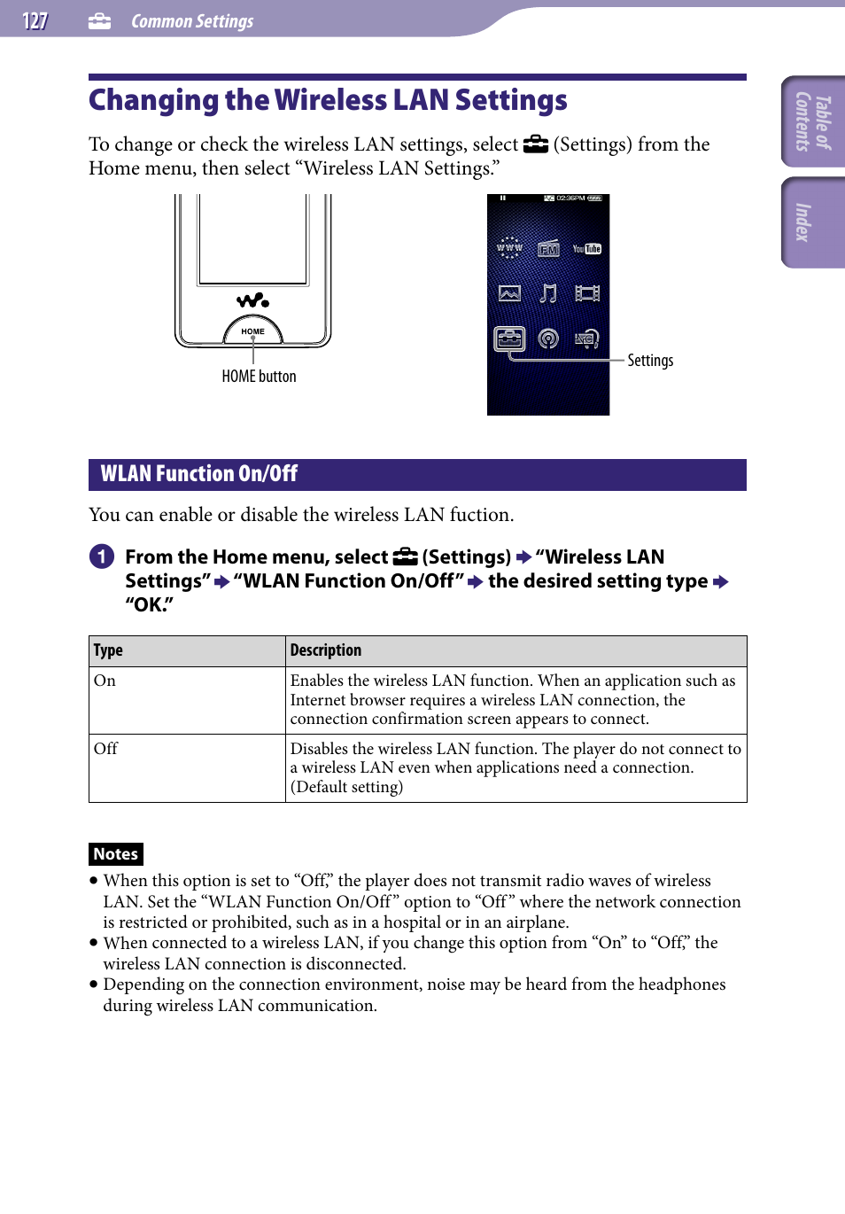 Changing the wireless lan settings, Wlan function on/off, Changing the wireless lan | Settings | Sony NWZ-X1051F User Manual | Page 127 / 182