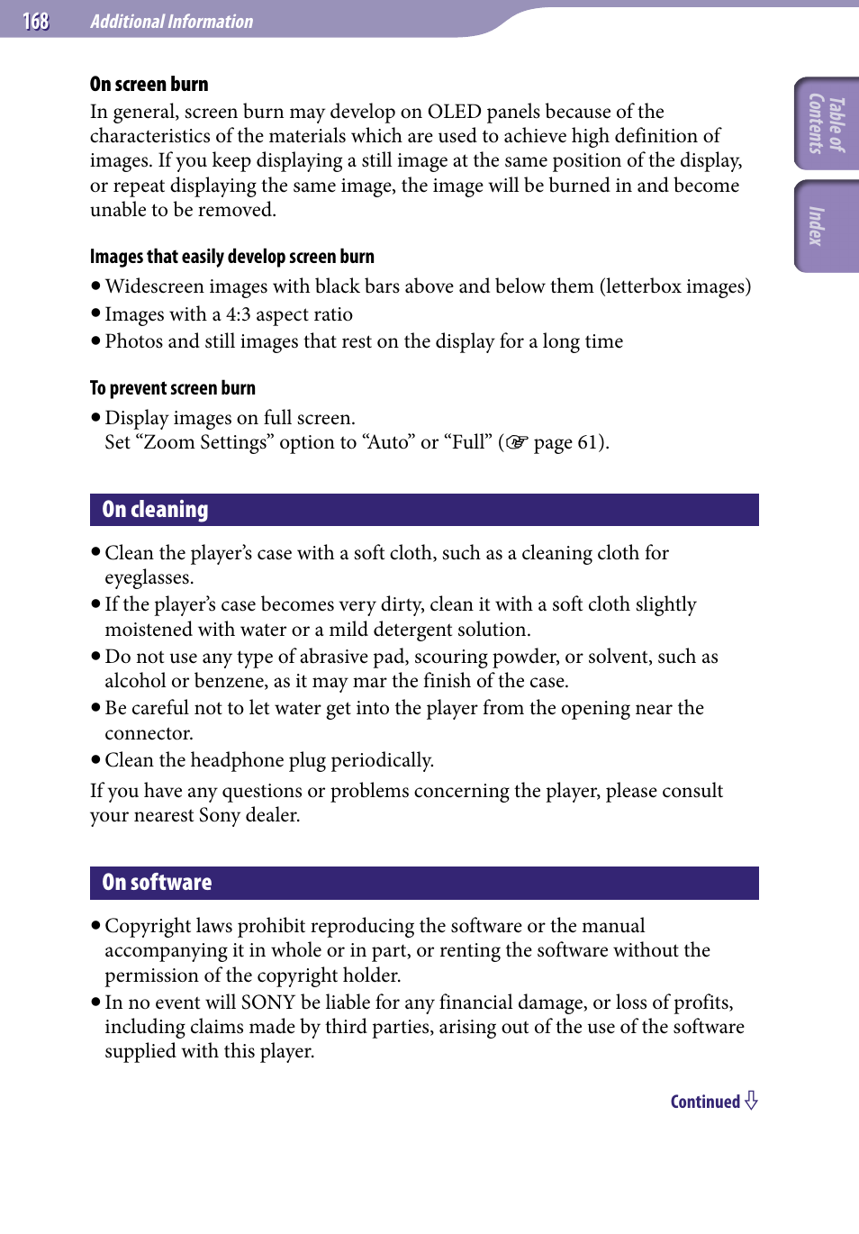 On cleaning, On software | Sony NWZ-X1051F User Manual | Page 168 / 182