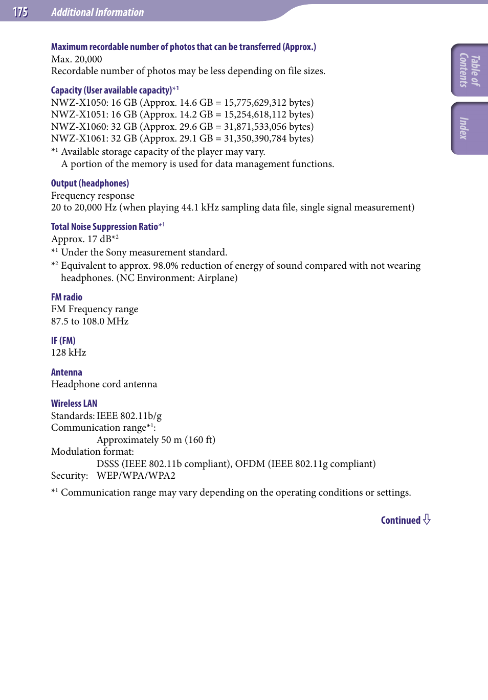 Table of cont ents inde x | Sony NWZ-X1051F User Manual | Page 175 / 182