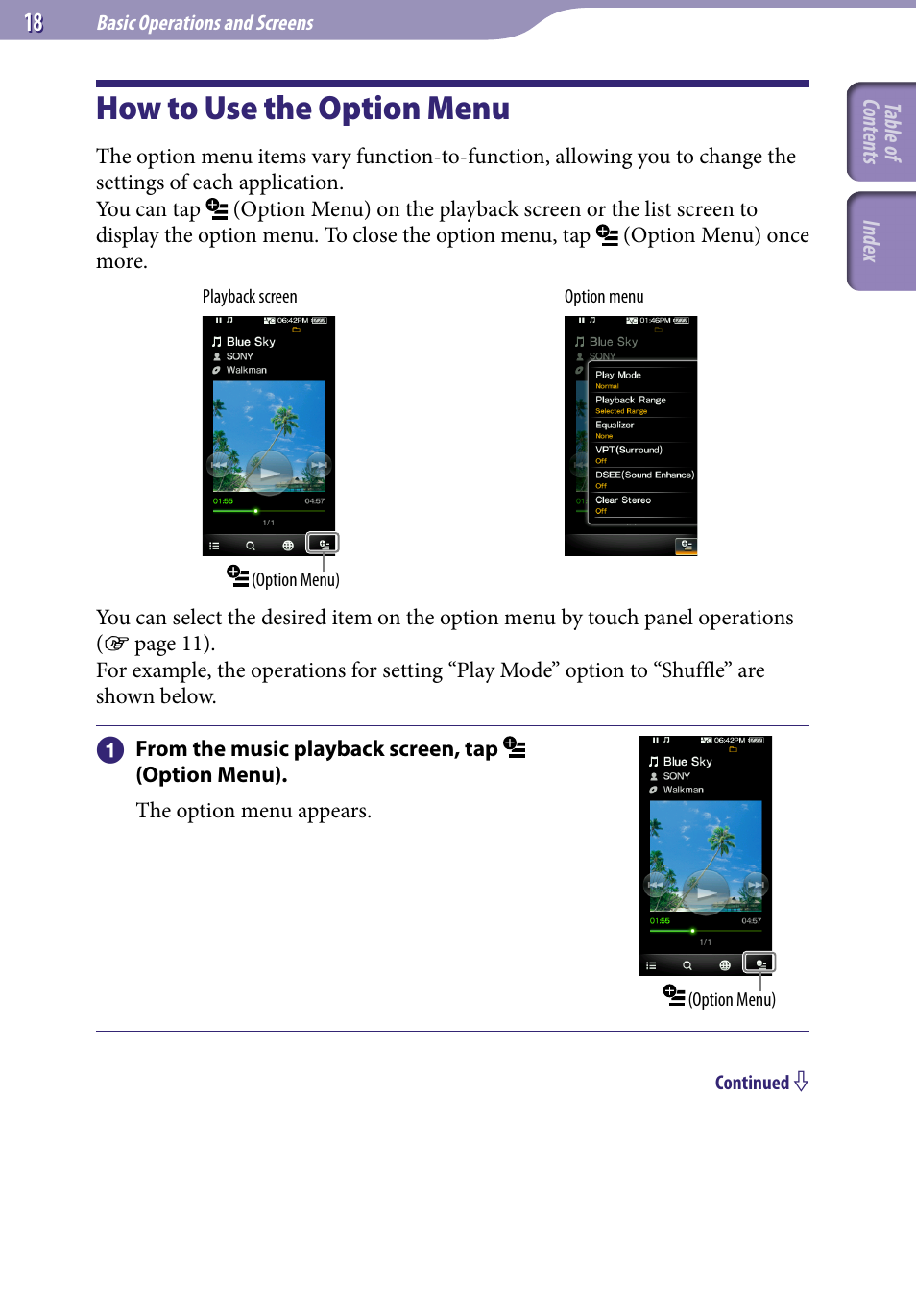 How to use the option menu | Sony NWZ-X1051F User Manual | Page 18 / 182