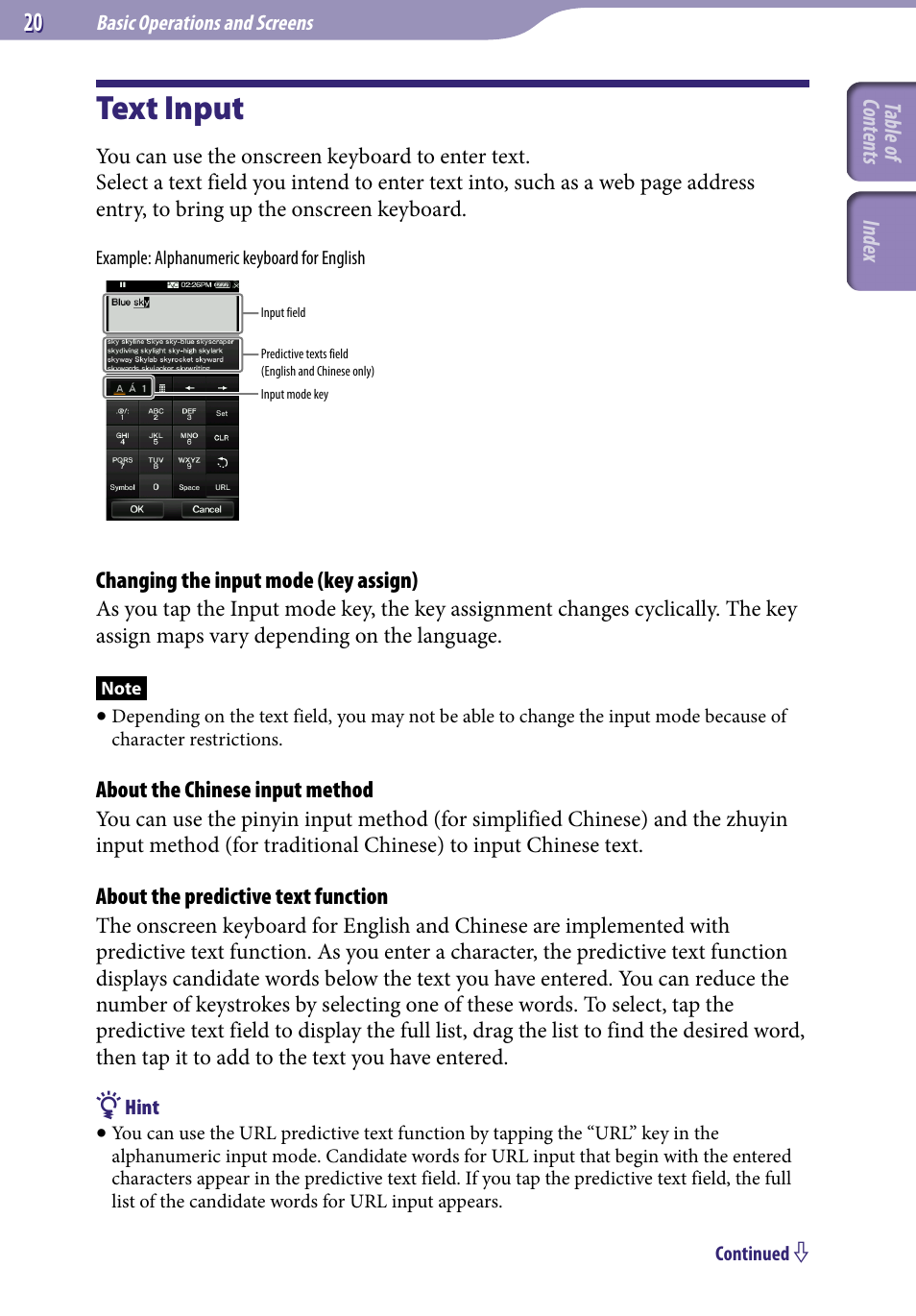 Text input | Sony NWZ-X1051F User Manual | Page 20 / 182