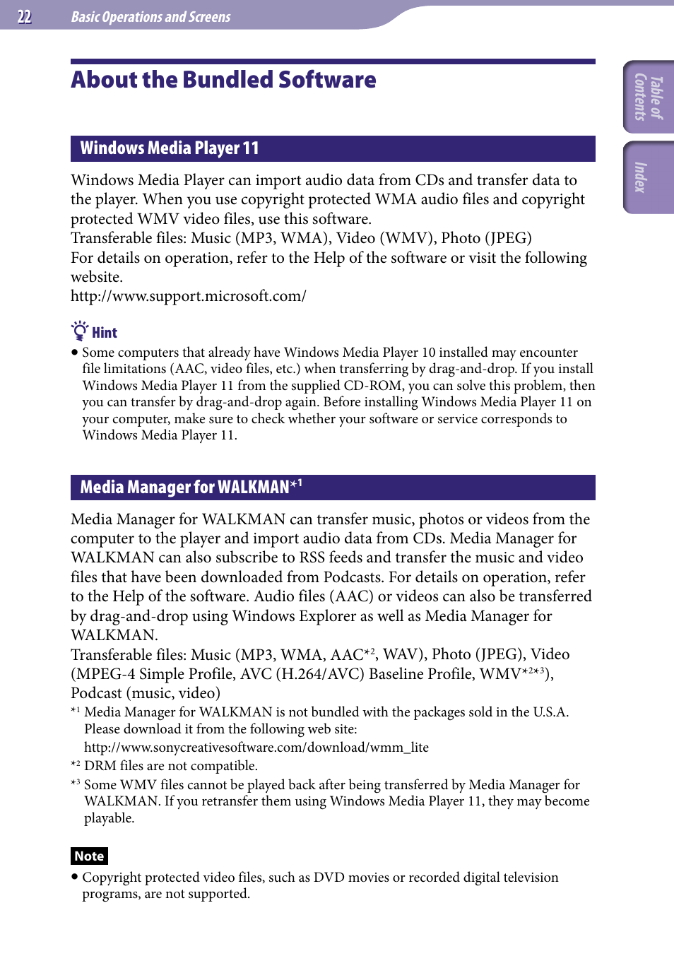 About the bundled software, Windows media player 11, Media manager for walkman | Sony NWZ-X1051F User Manual | Page 22 / 182