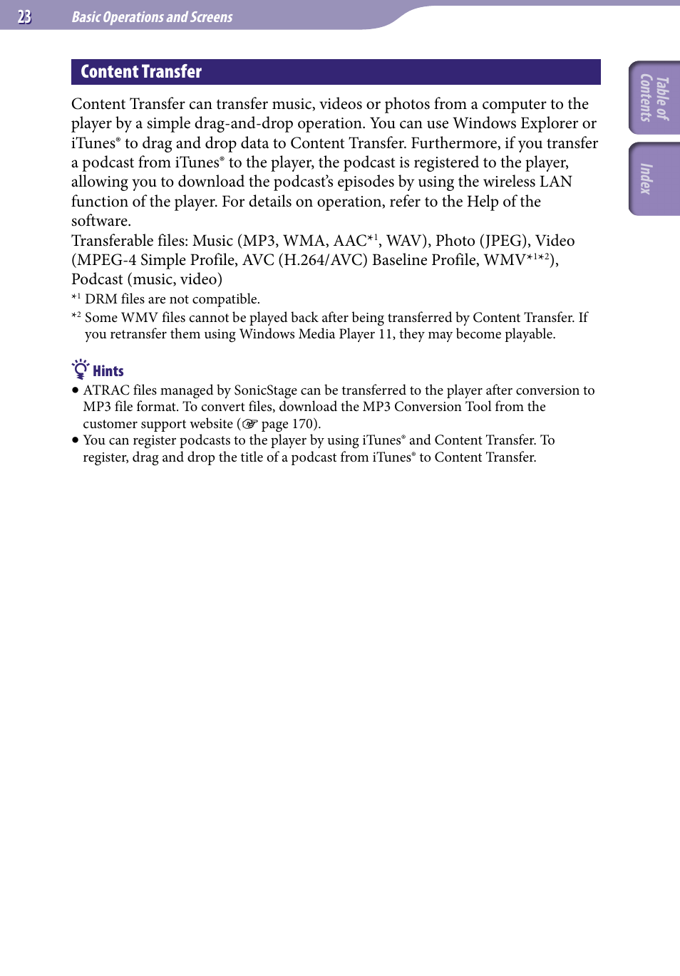 Content transfer, 23 content transfer | Sony NWZ-X1051F User Manual | Page 23 / 182