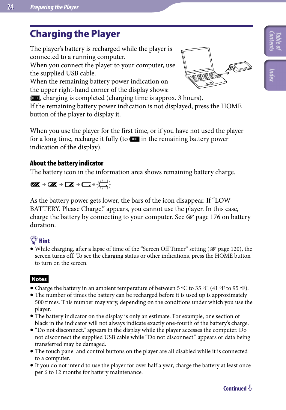 Preparing the player, Charging the player | Sony NWZ-X1051F User Manual | Page 24 / 182