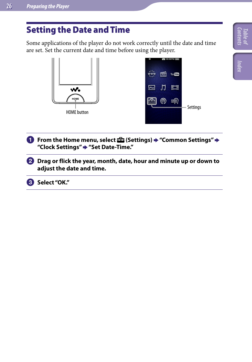 Setting the date and time | Sony NWZ-X1051F User Manual | Page 26 / 182