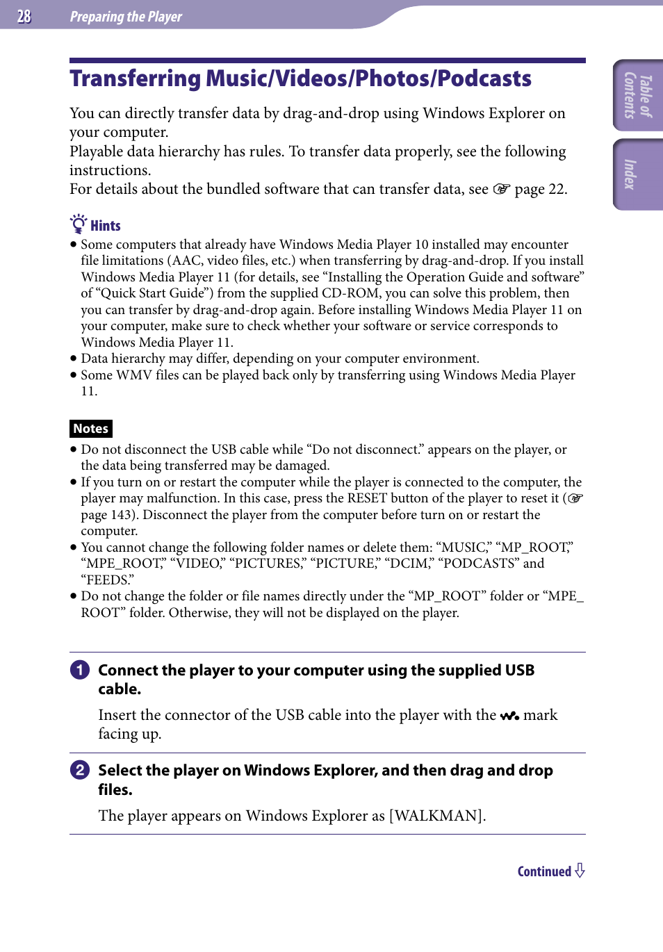 Transferring music/videos/photos/podcasts, Transferring music/videos/photos, Podcasts | Sony NWZ-X1051F User Manual | Page 28 / 182