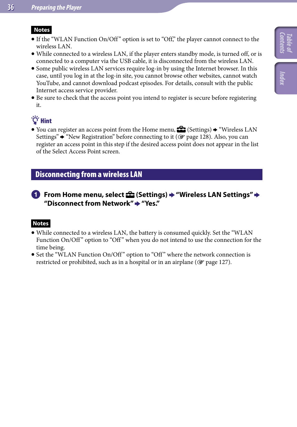 Disconnecting from a wireless lan | Sony NWZ-X1051F User Manual | Page 36 / 182
