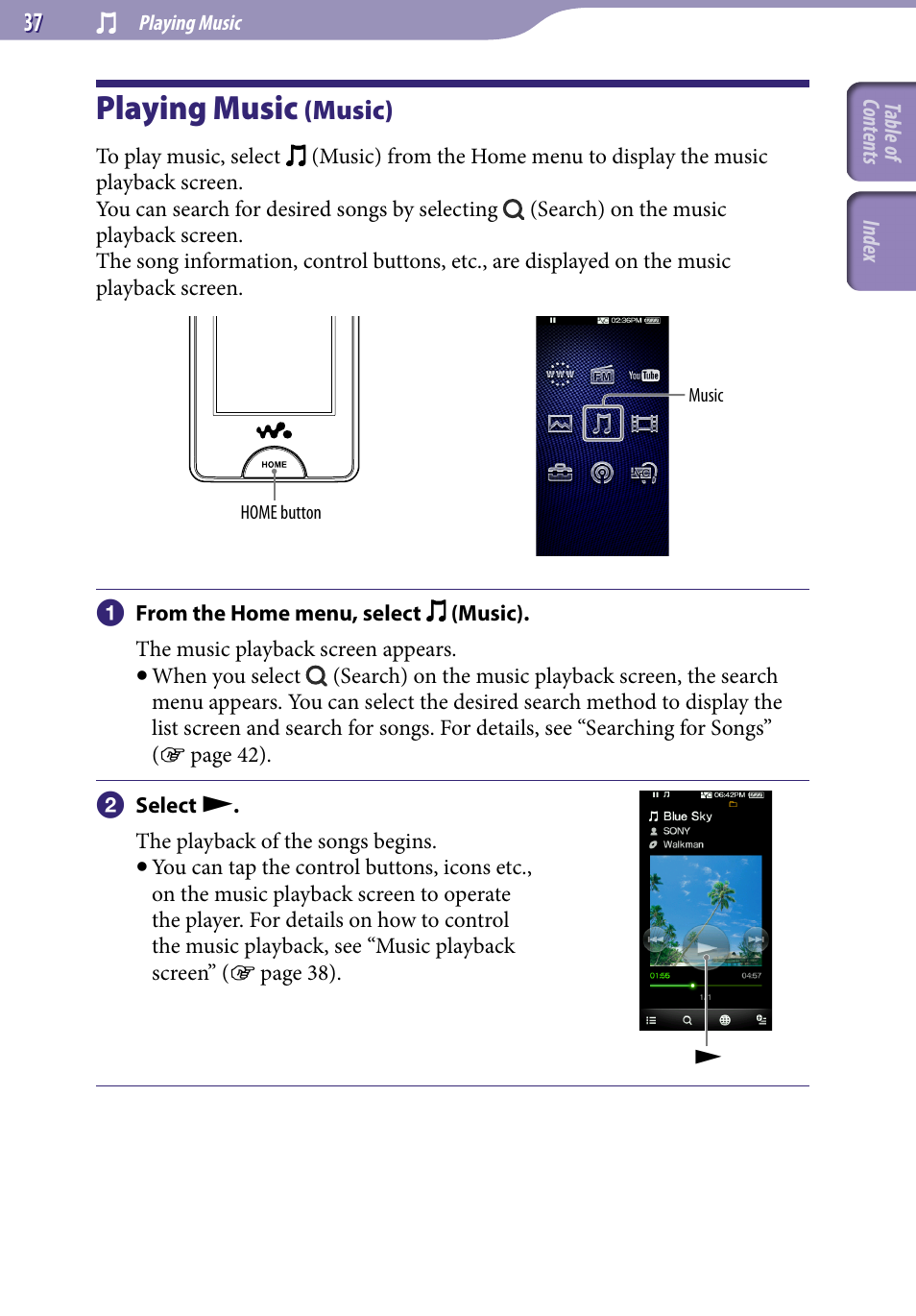 Playing music, Playing music (music), Music) | Sony NWZ-X1051F User Manual | Page 37 / 182
