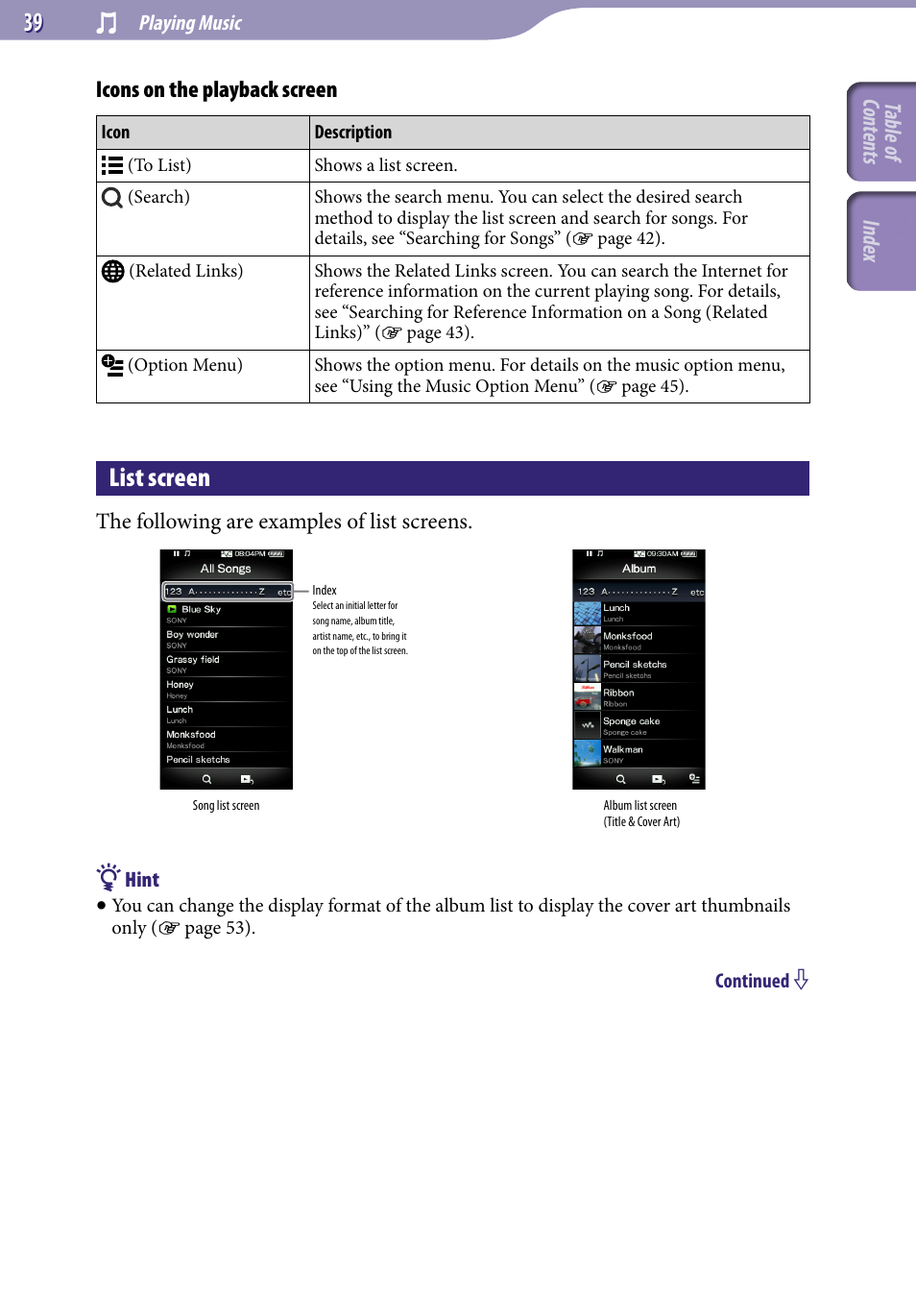 List screen, Icons on the playback screen, Table of cont ents inde x | Sony NWZ-X1051F User Manual | Page 39 / 182