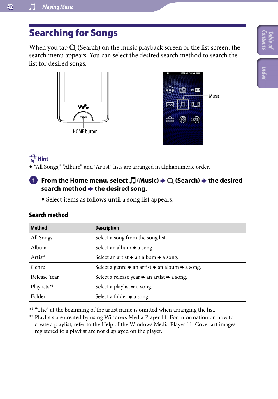 Searching for songs | Sony NWZ-X1051F User Manual | Page 42 / 182