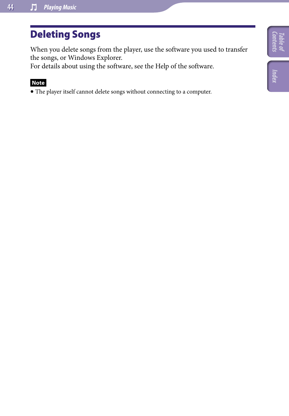 Deleting songs | Sony NWZ-X1051F User Manual | Page 44 / 182