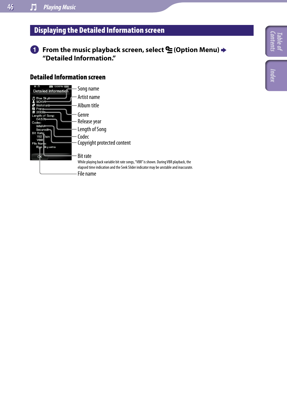 Displaying the detailed information screen, Displaying the detailed, Information screen | Sony NWZ-X1051F User Manual | Page 46 / 182