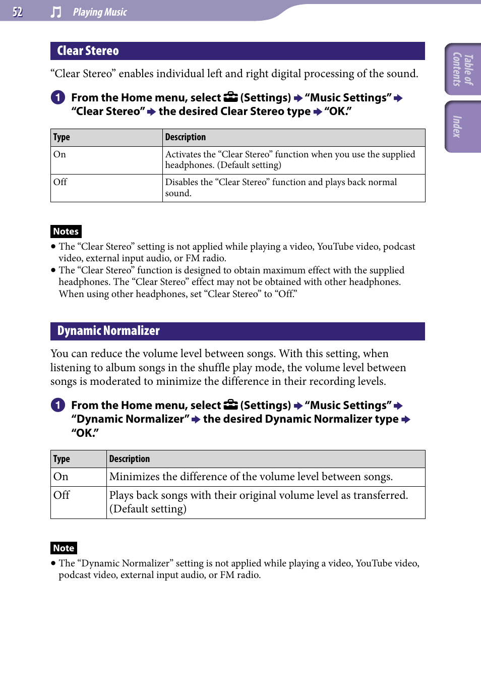 Clear stereo, Dynamic normalizer | Sony NWZ-X1051F User Manual | Page 52 / 182