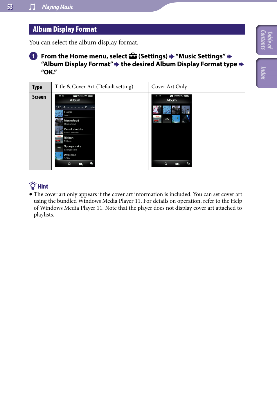 Album display format | Sony NWZ-X1051F User Manual | Page 53 / 182