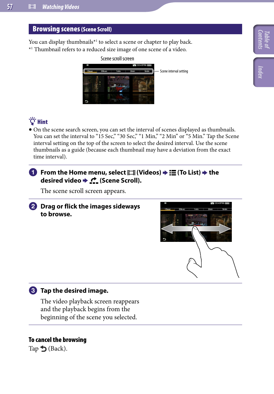 Browsing scenes (scene scroll), Browsing scenes, Scene scroll) | Sony NWZ-X1051F User Manual | Page 57 / 182