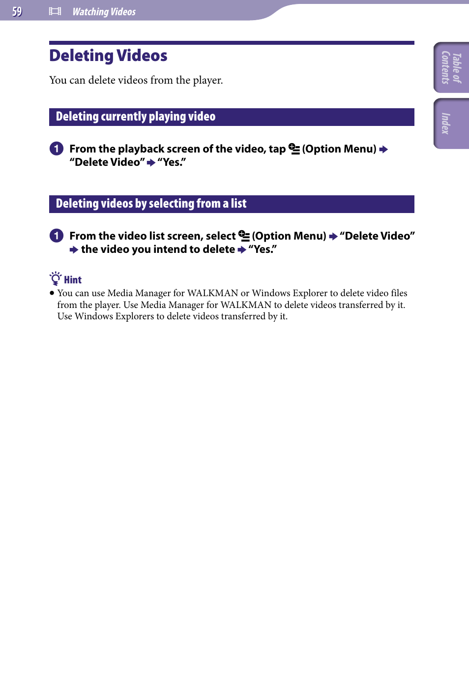 Deleting videos, Deleting currently playing video, Deleting videos by selecting from a list | Sony NWZ-X1051F User Manual | Page 59 / 182