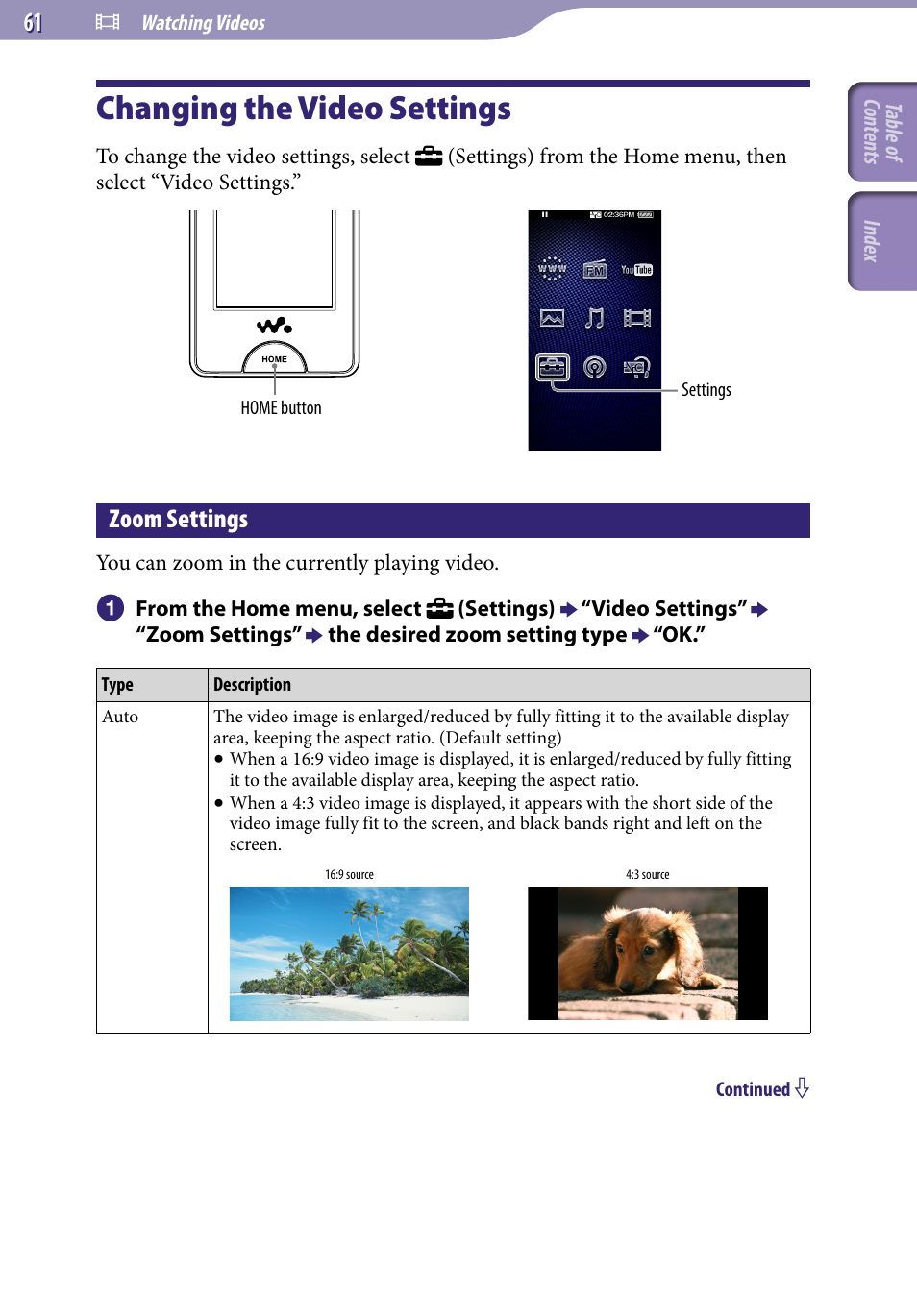 Changing the video settings, Zoom settings | Sony NWZ-X1051F User Manual | Page 61 / 182