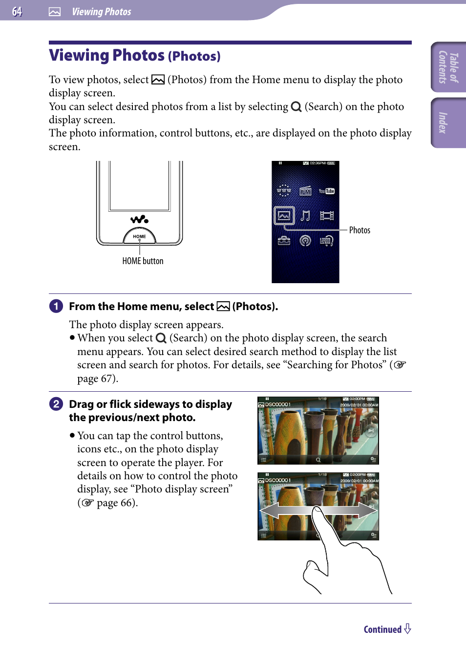 Viewing photos, Viewing photos (photos), Photos) | Sony NWZ-X1051F User Manual | Page 64 / 182