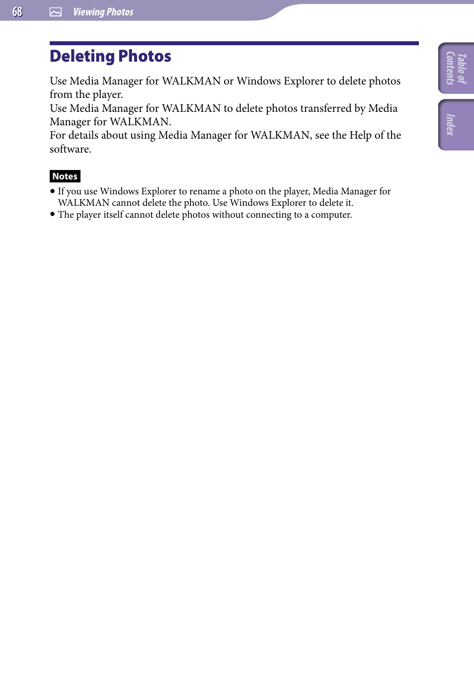 Deleting photos | Sony NWZ-X1051F User Manual | Page 68 / 182