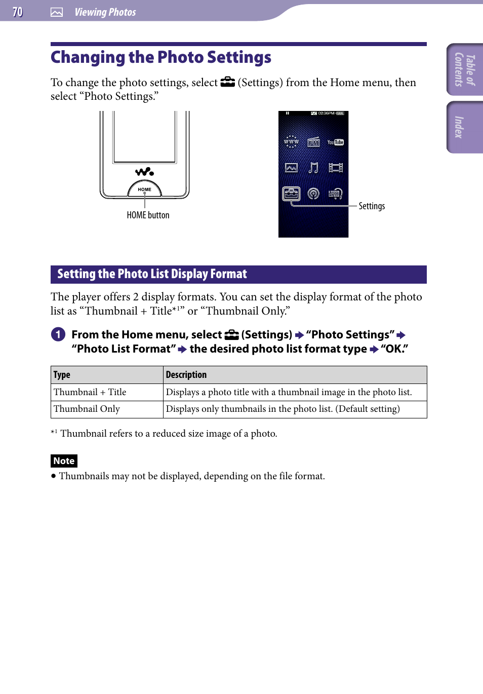 Changing the photo settings, Setting the photo list display format | Sony NWZ-X1051F User Manual | Page 70 / 182