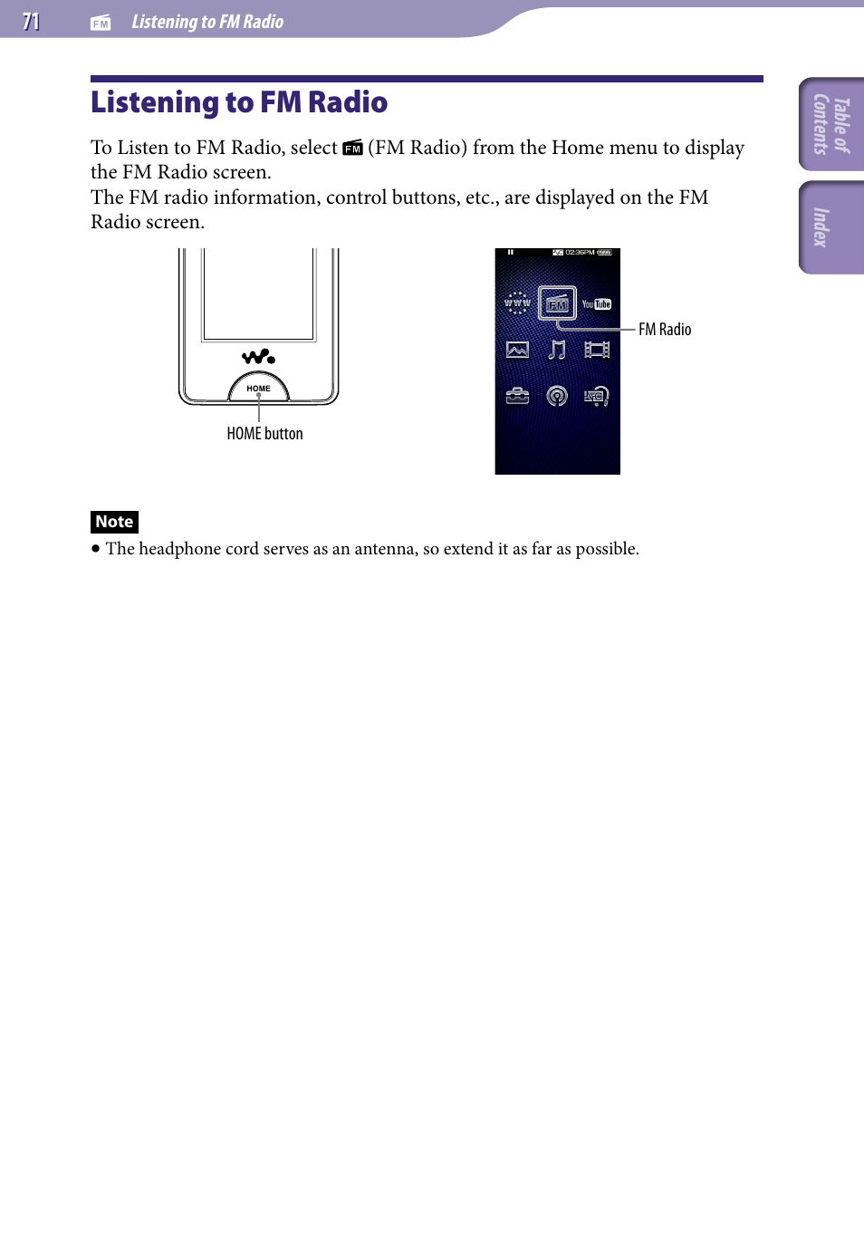 Listening to fm radio | Sony NWZ-X1051F User Manual | Page 71 / 182