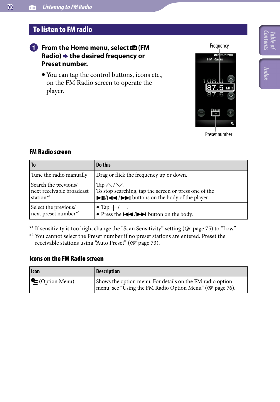 To listen to fm radio | Sony NWZ-X1051F User Manual | Page 72 / 182