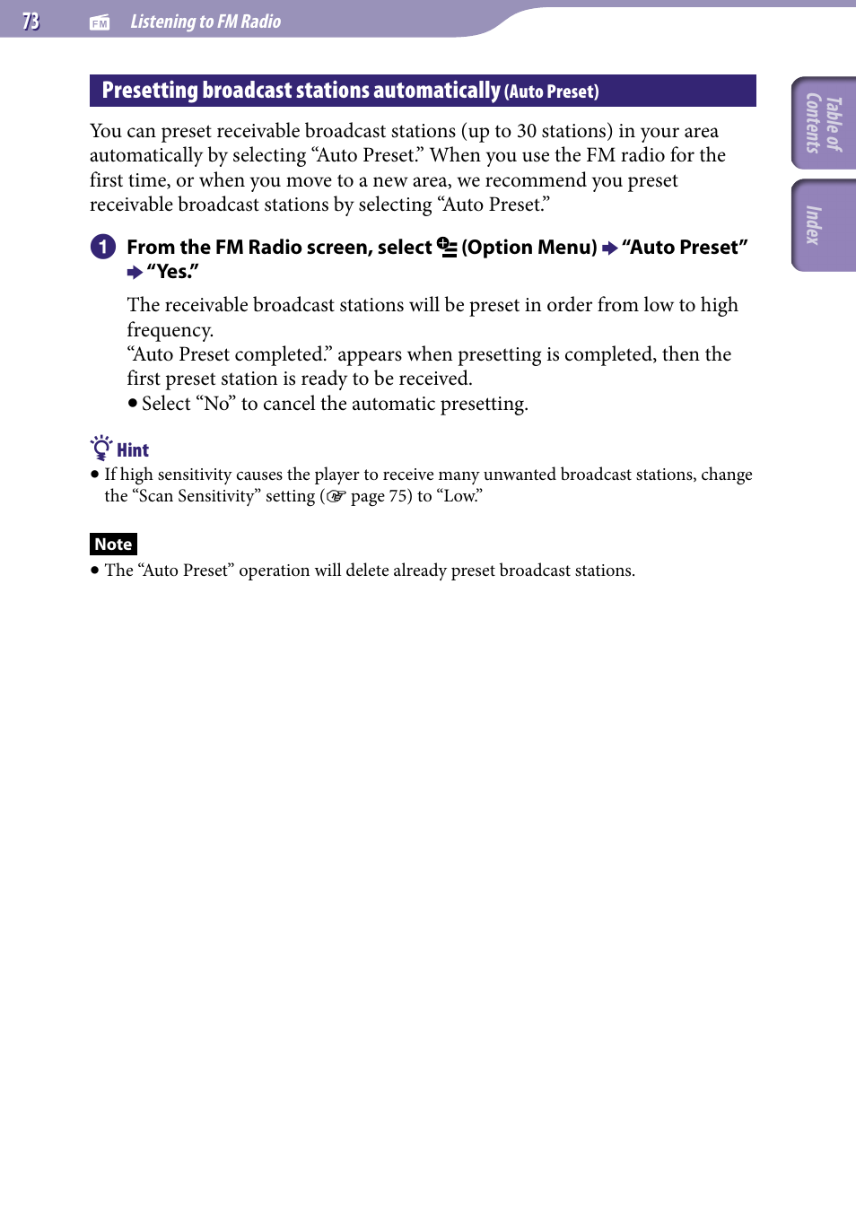 Presetting broadcast stations automatically, Auto preset) | Sony NWZ-X1051F User Manual | Page 73 / 182