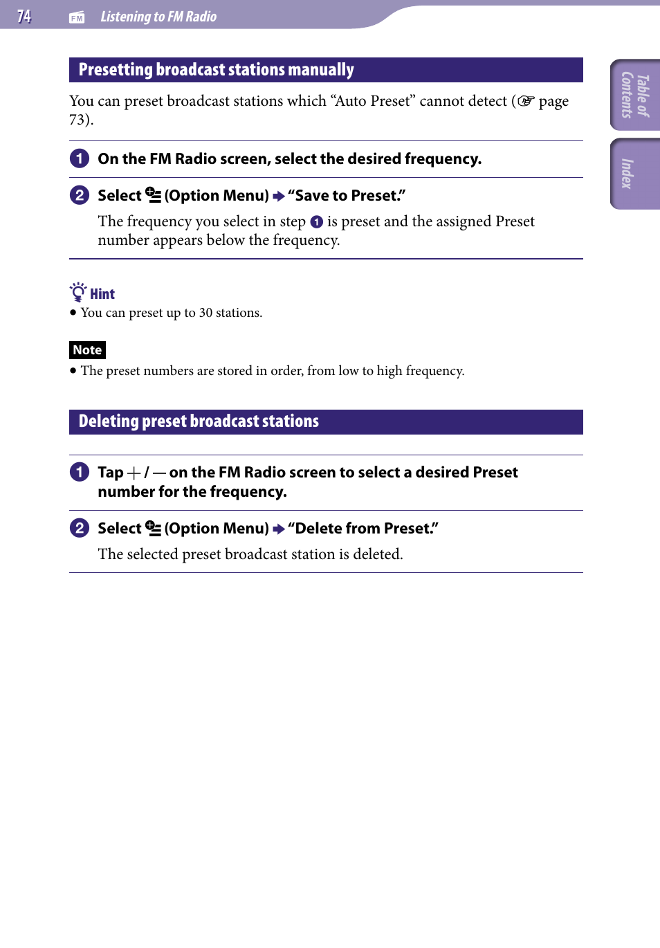 Presetting broadcast stations manually, Deleting preset broadcast stations | Sony NWZ-X1051F User Manual | Page 74 / 182