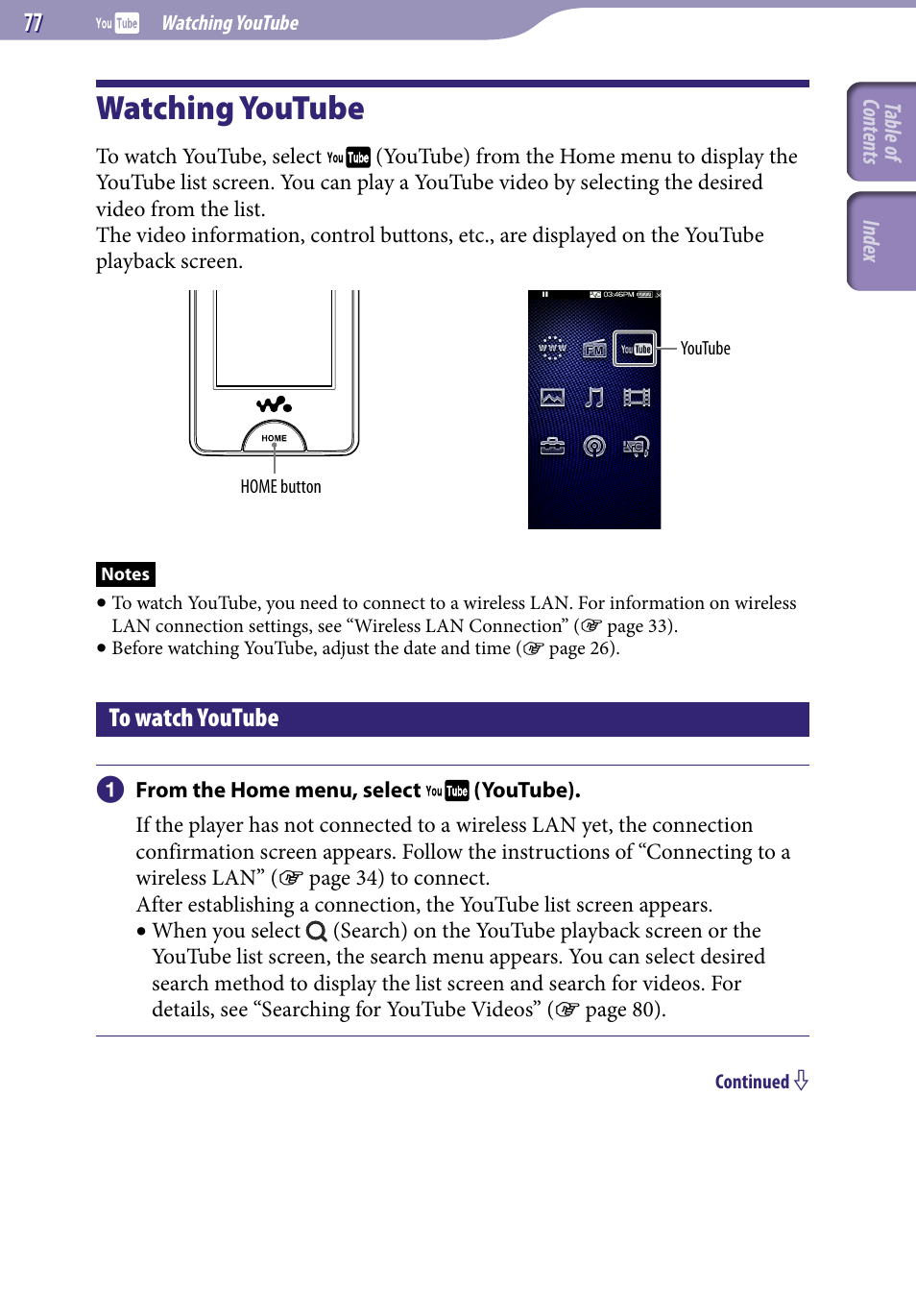 Watching youtube, To watch youtube | Sony NWZ-X1051F User Manual | Page 77 / 182