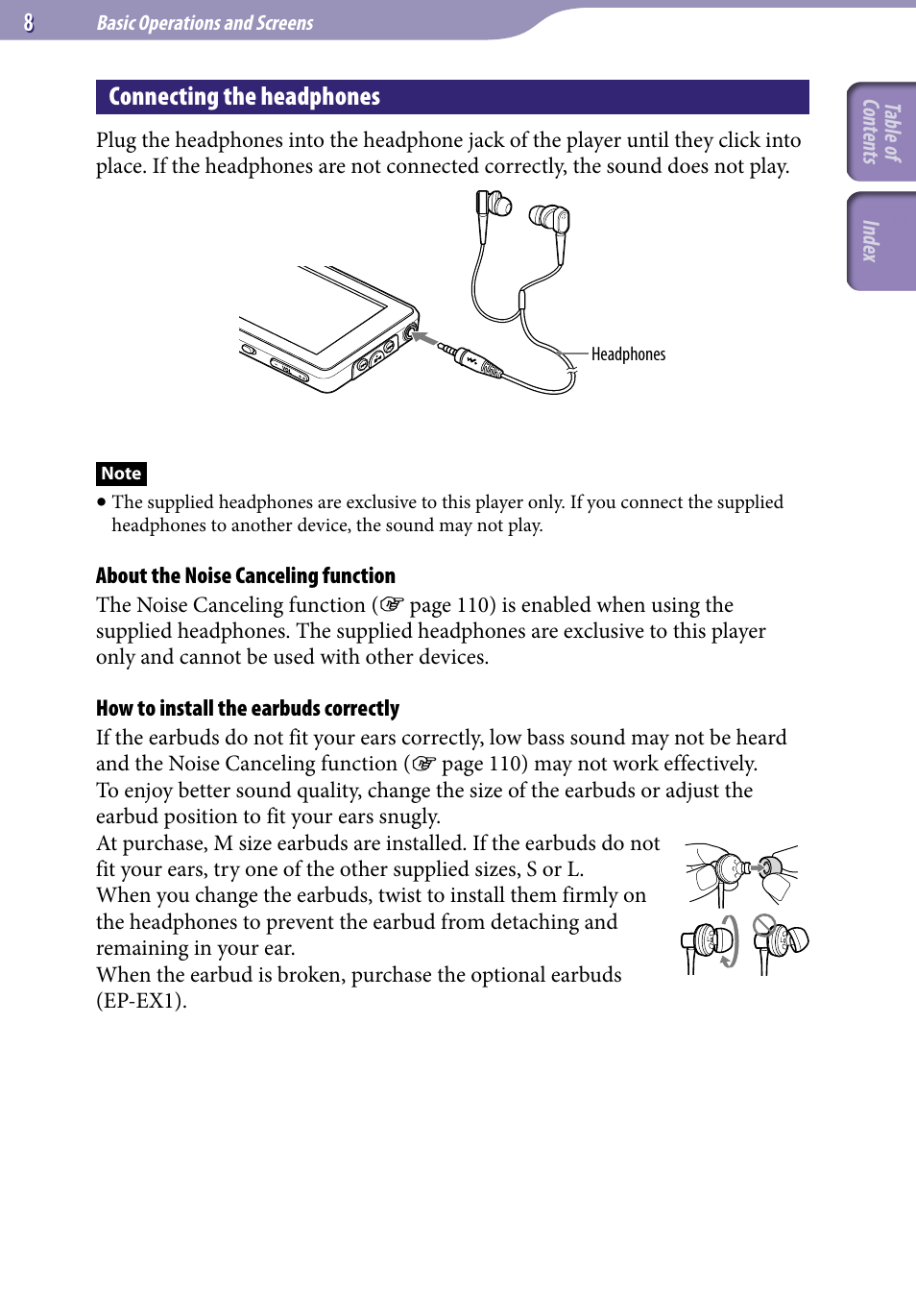Connecting the headphones | Sony NWZ-X1051F User Manual | Page 8 / 182