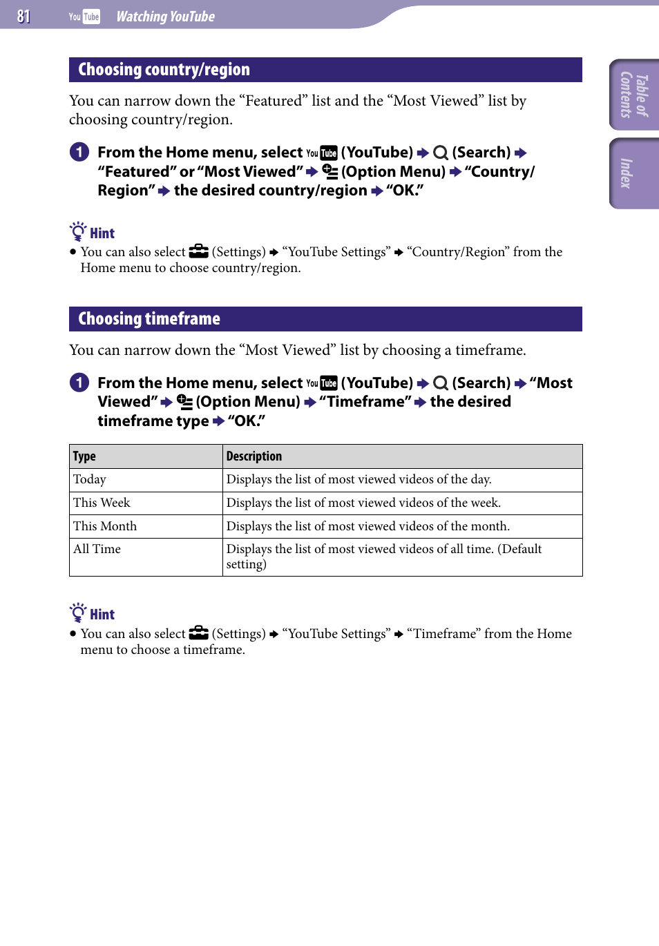 Choosing country/region, Choosing timeframe, 1 choosing country/region | Sony NWZ-X1051F User Manual | Page 81 / 182