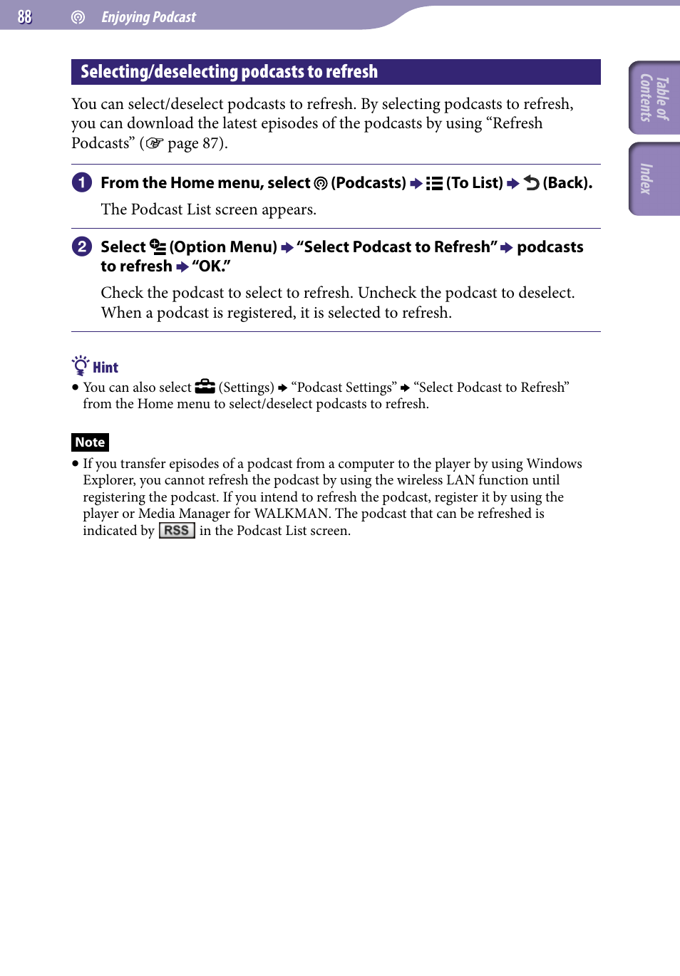 Selecting/deselecting podcasts to refresh | Sony NWZ-X1051F User Manual | Page 88 / 182