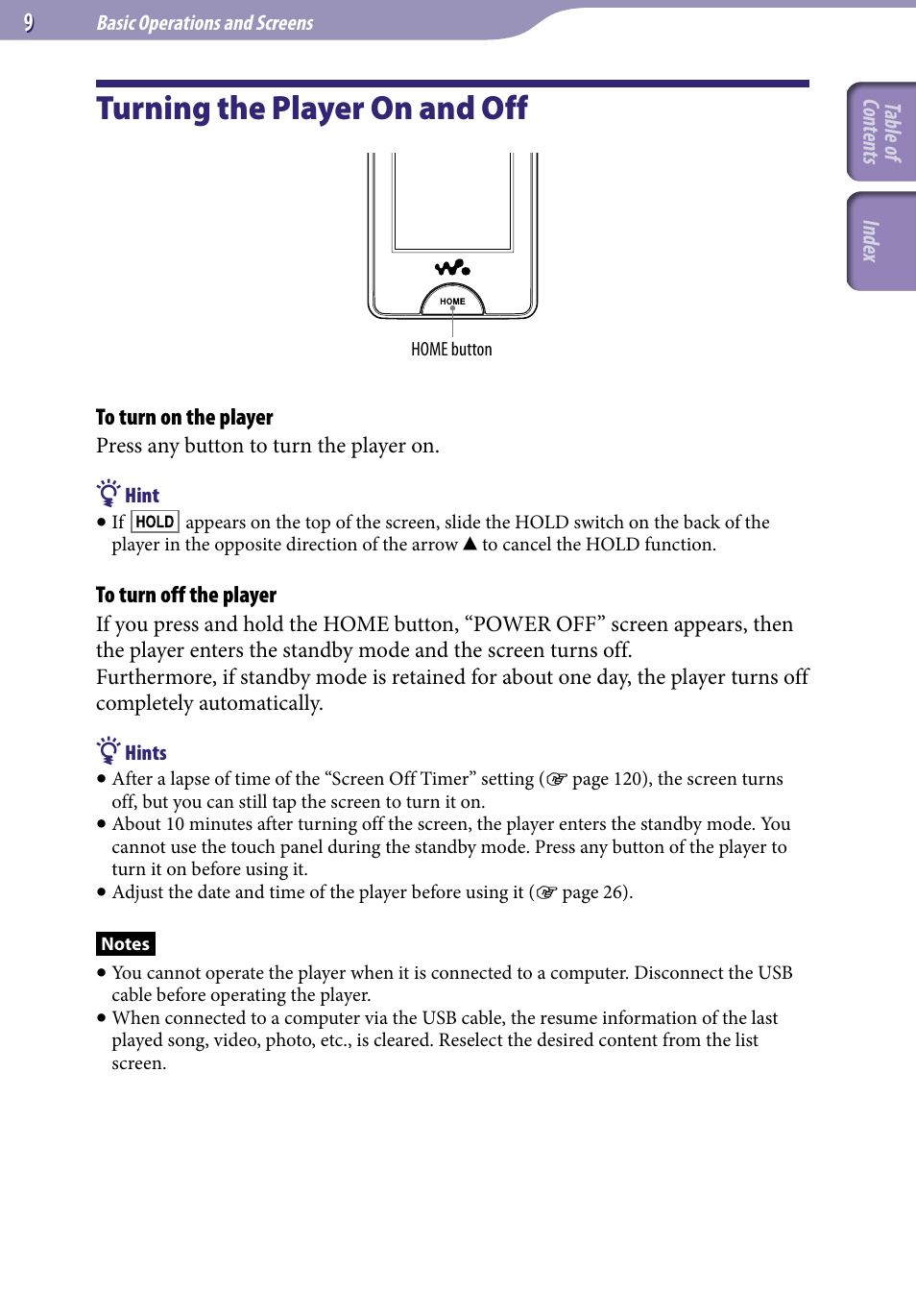 Turning the player on and off | Sony NWZ-X1051F User Manual | Page 9 / 182
