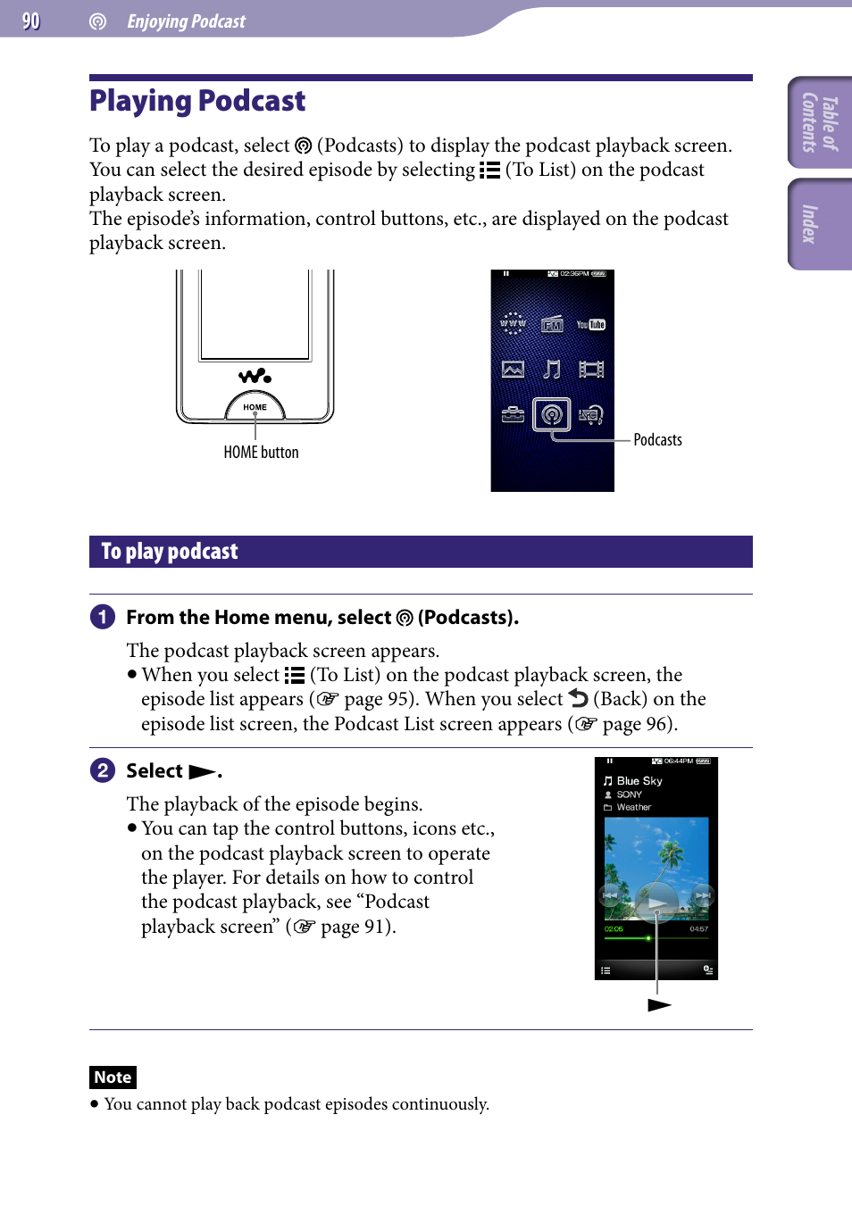 Playing podcast, To play podcast | Sony NWZ-X1051F User Manual | Page 90 / 182