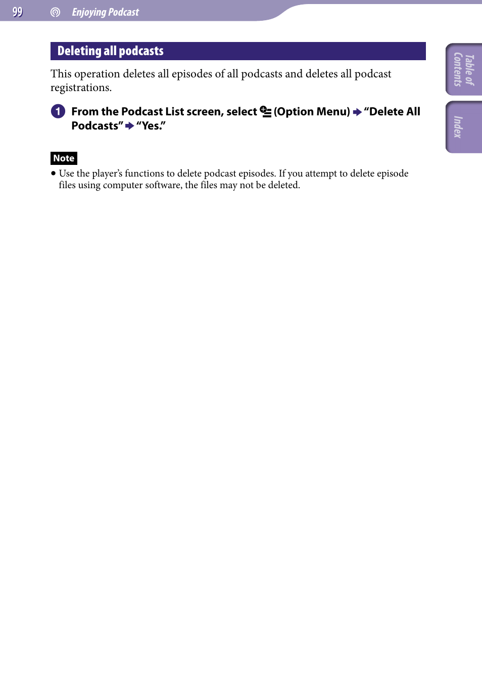 Deleting all podcasts | Sony NWZ-X1051F User Manual | Page 99 / 182