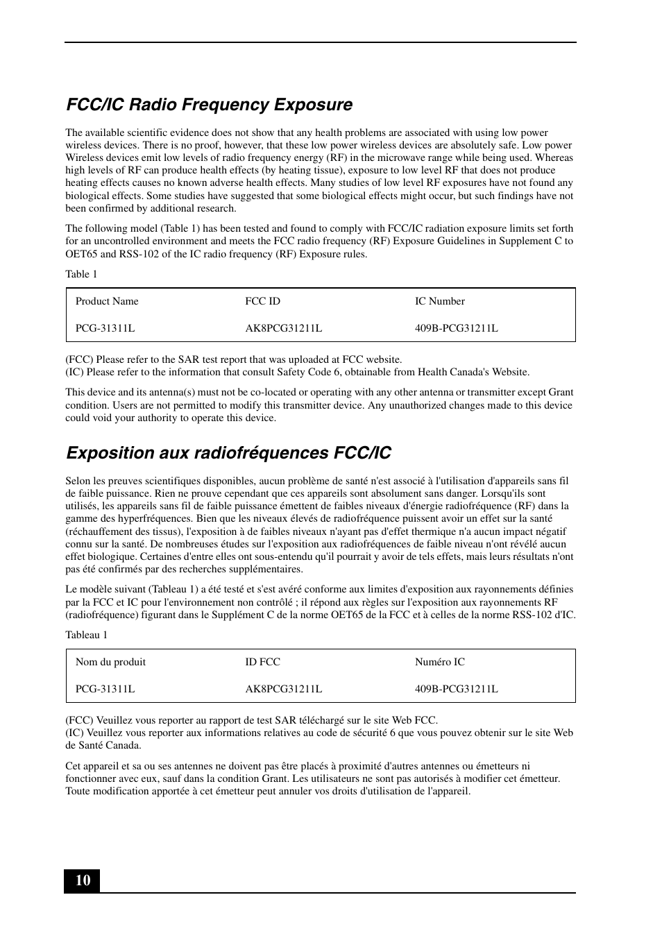 Fcc/ic radio frequency exposure, Exposition aux radiofréquences fcc/ic | Sony VPCYB33KX User Manual | Page 10 / 28