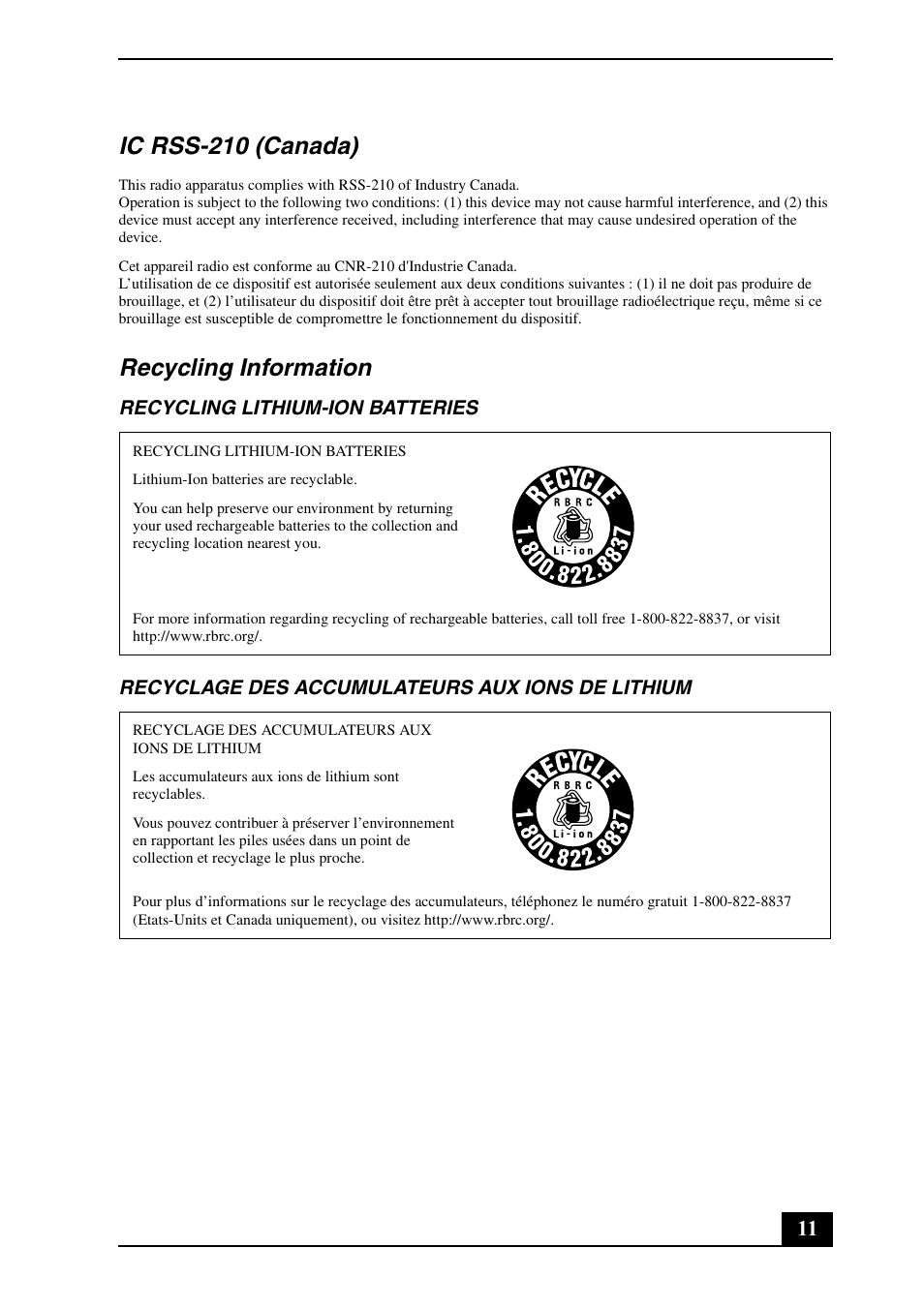 Ic rss-210 (canada), Recycling information | Sony VPCYB33KX User Manual | Page 11 / 28