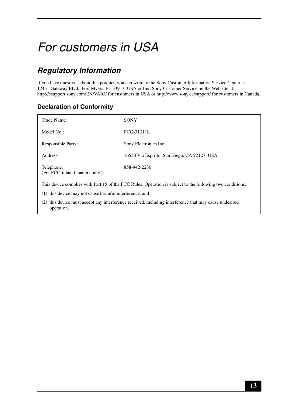 For customers in usa, Regulatory information | Sony VPCYB33KX User Manual | Page 13 / 28