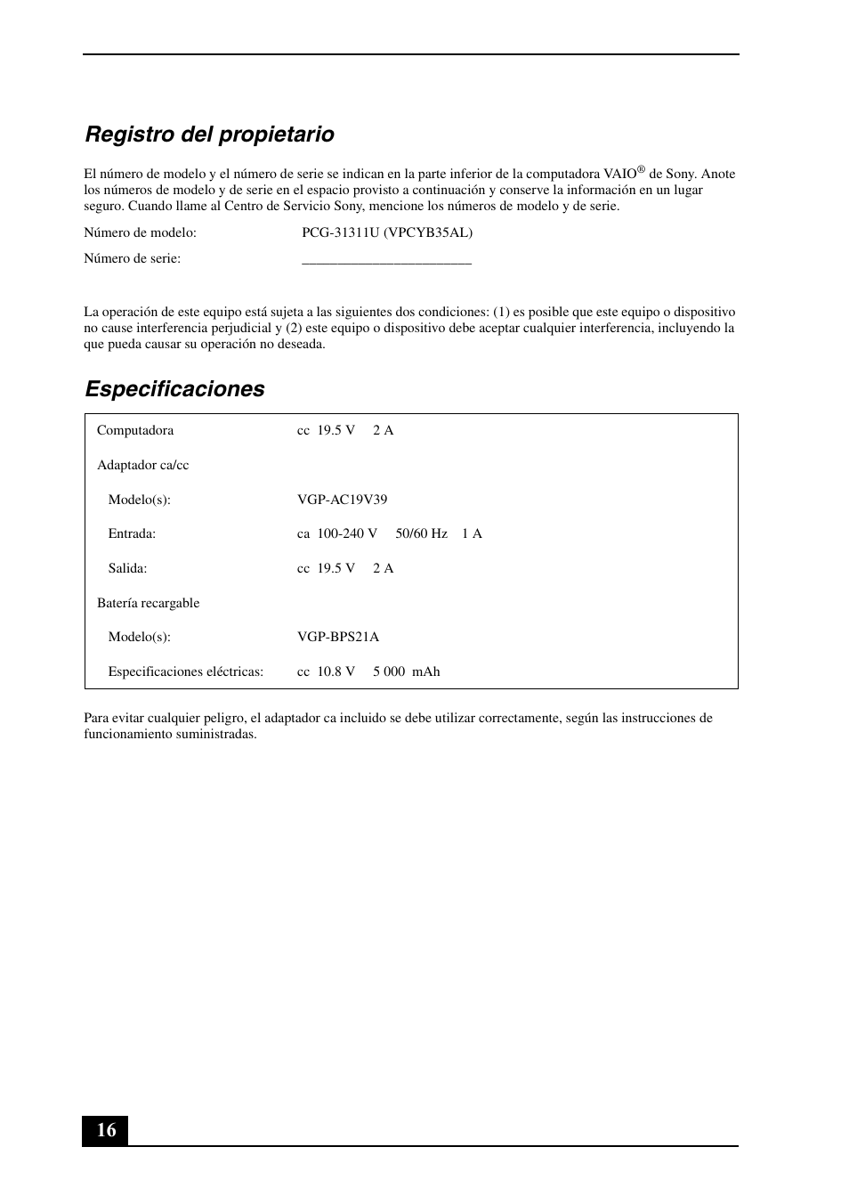 Registro del propietario, Especificaciones | Sony VPCYB33KX User Manual | Page 16 / 28