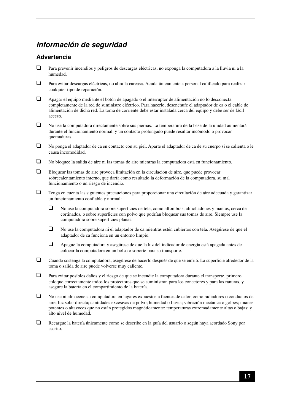 Información de seguridad | Sony VPCYB33KX User Manual | Page 17 / 28