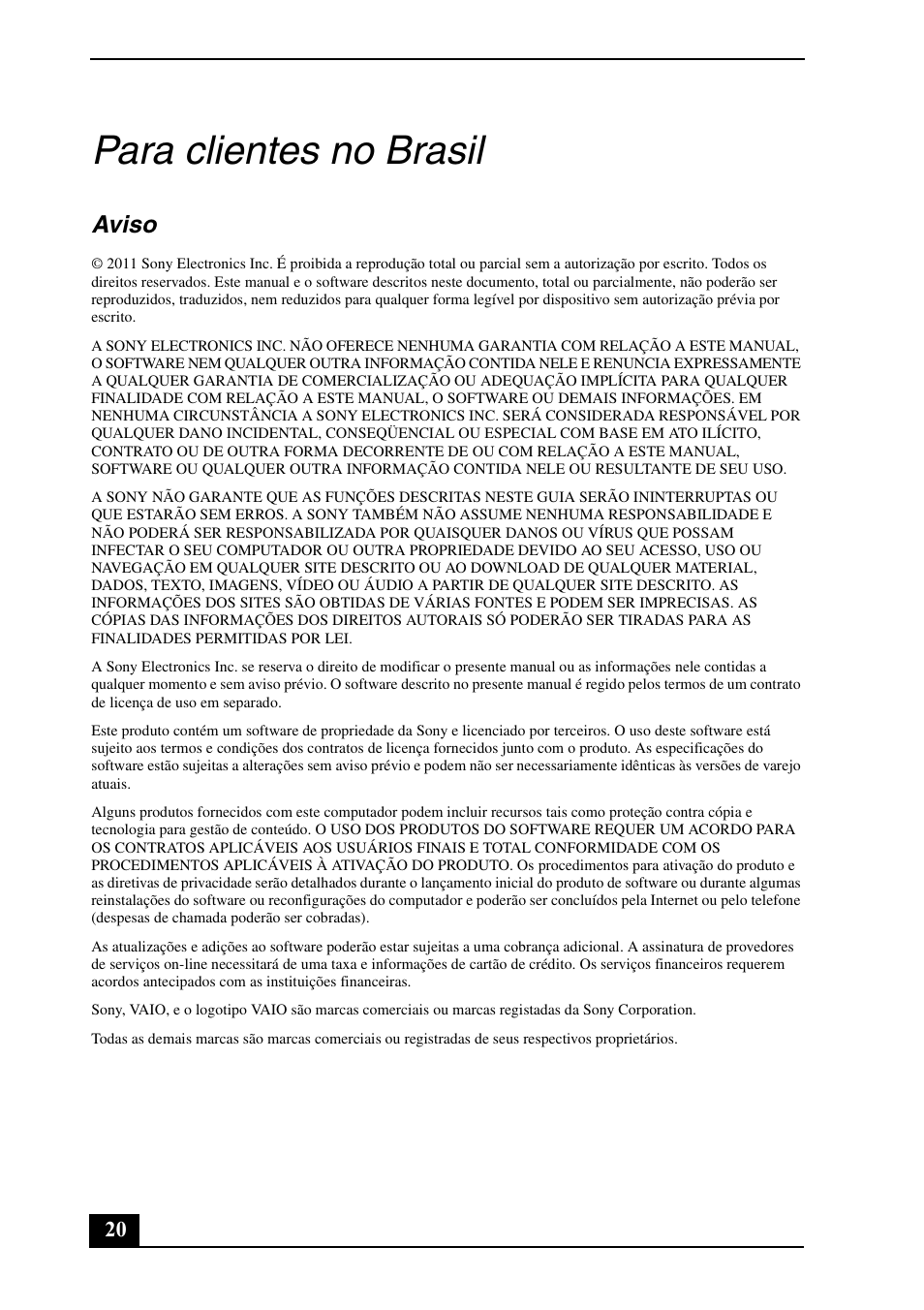 Para clientes no brasil, Aviso | Sony VPCYB33KX User Manual | Page 20 / 28