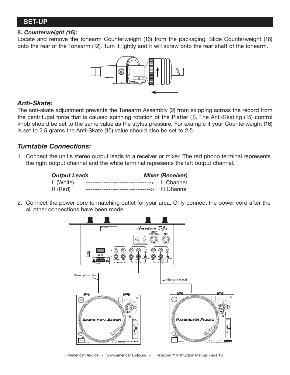 Anti-skate, Turntable connections, Set-up | American Audio TT Record User Manual | Page 10 / 18
