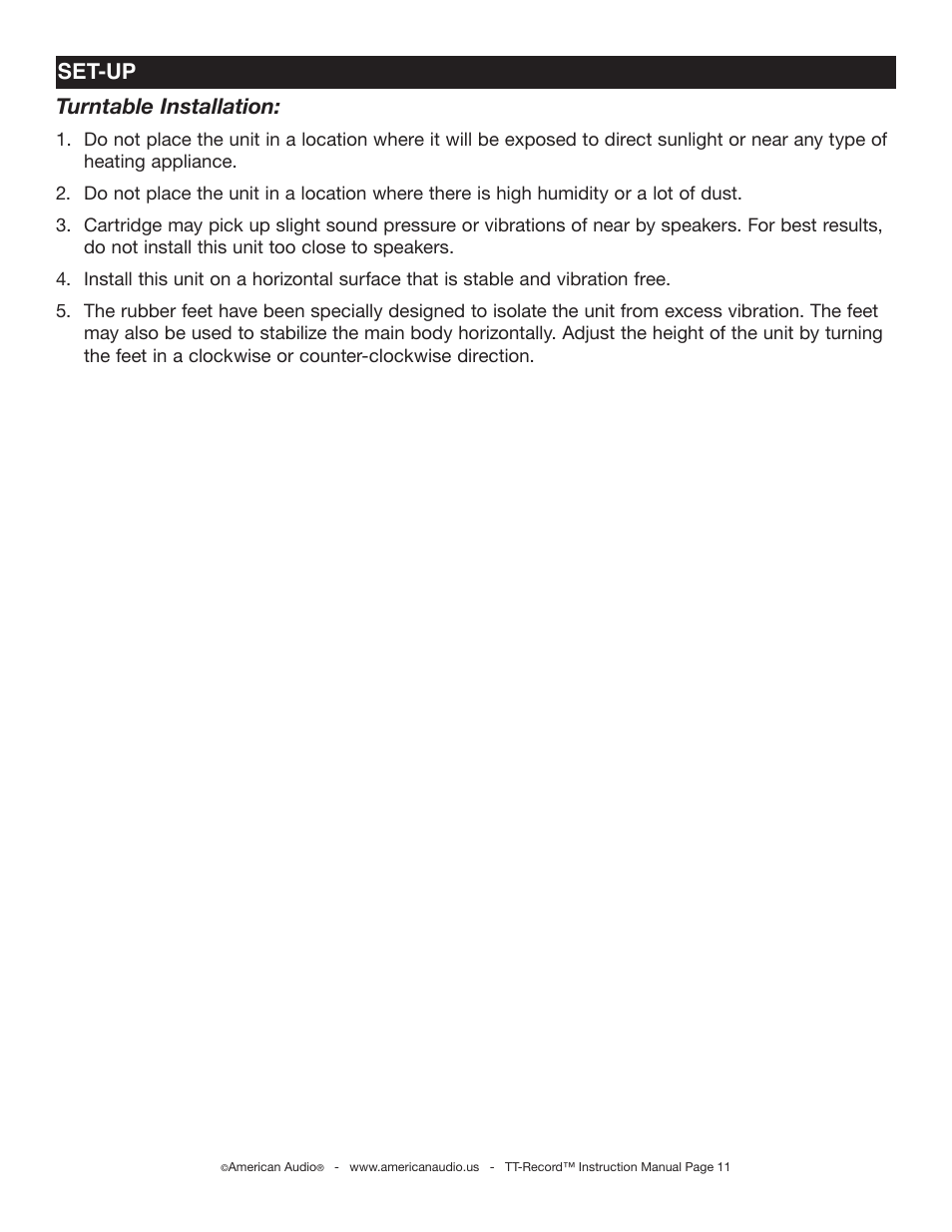Set-up turntable installation | American Audio TT Record User Manual | Page 11 / 18